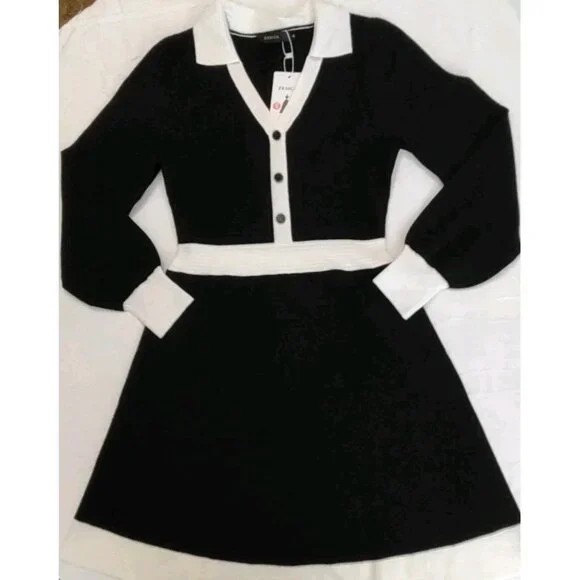 ZESICA Women Fall Long Sleeve A-line Sweater Dress Collared Button Knit Size S - Picture 3 of 11